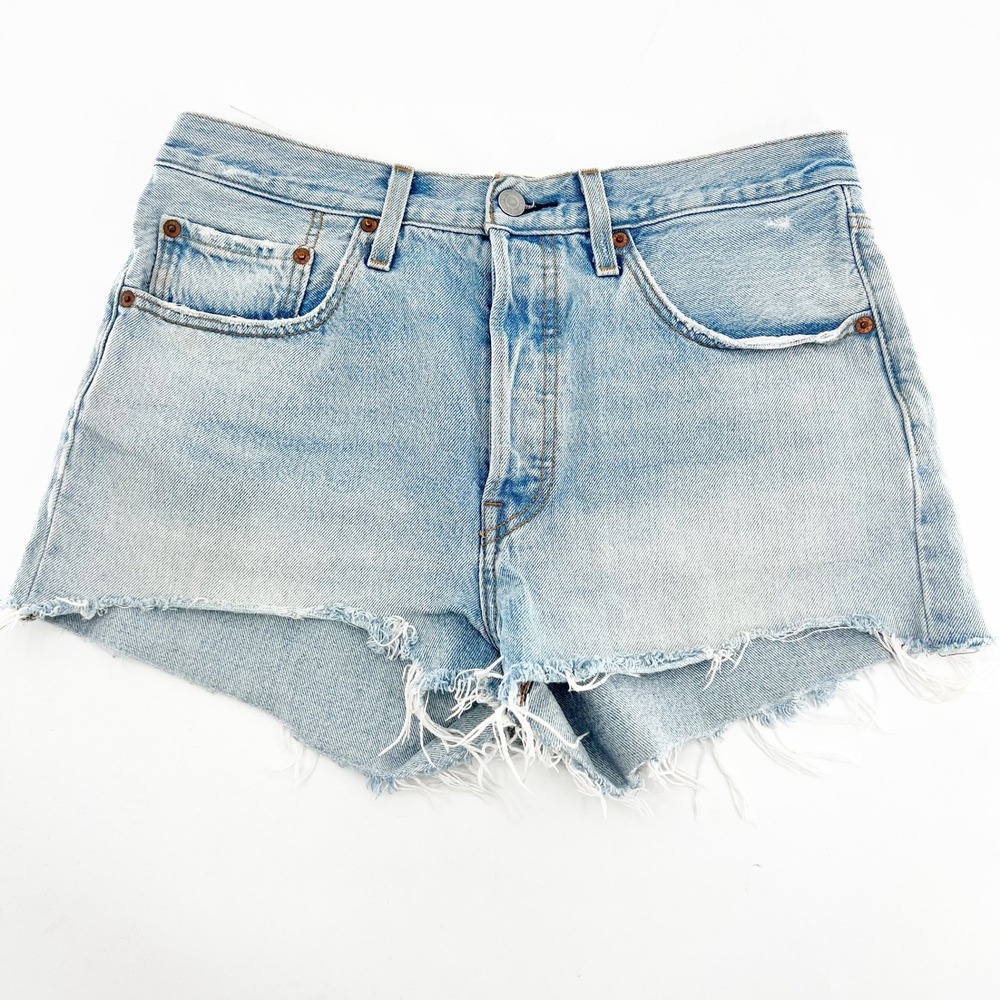 Levis Premium 501 Original Cutoff Denim Shorts Light Wash Distressed Blue Womens